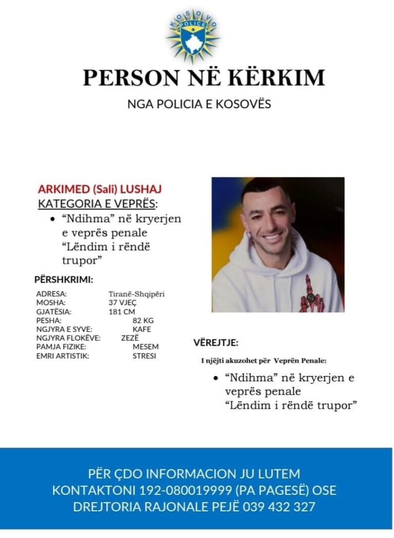Policia e Kosovës Kërkon Ndihmën e Qytetarëve për Lokalizimin e Arkimed Lushaj të Dyshuar për ‘Ndihmën në Kryerjen e Veprës Penale Lëndim i Rëndë Trupor