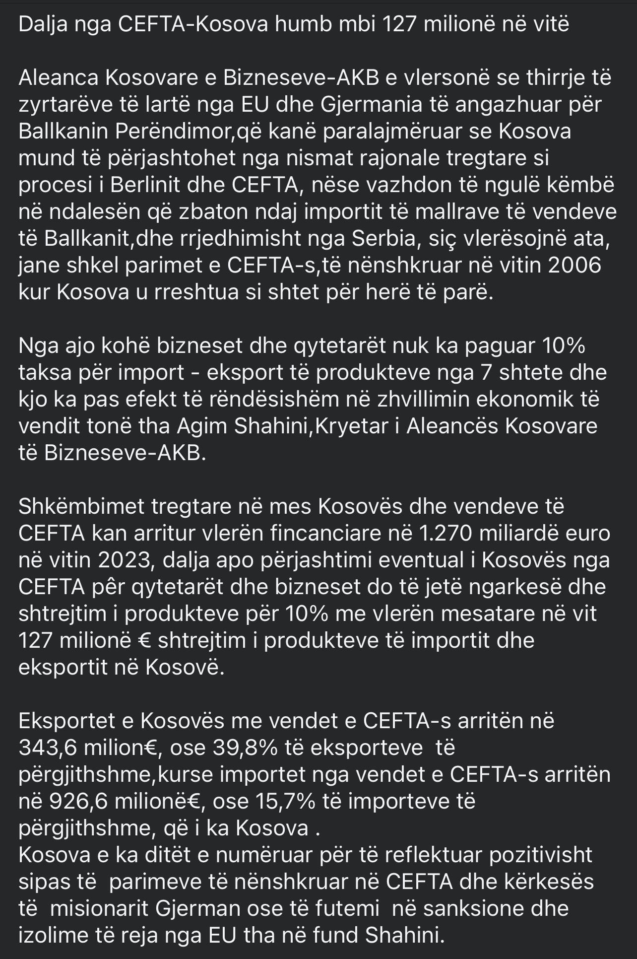 Shahini: Nëse Kosova përjashtohet nga CEFTA, mund të humbë 127 milionë euro në vit