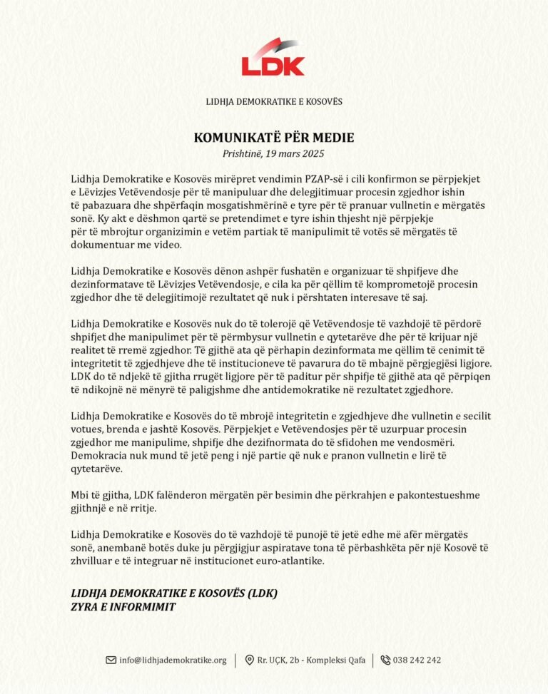 LDK KOMUNIKATË PËR MEDIE