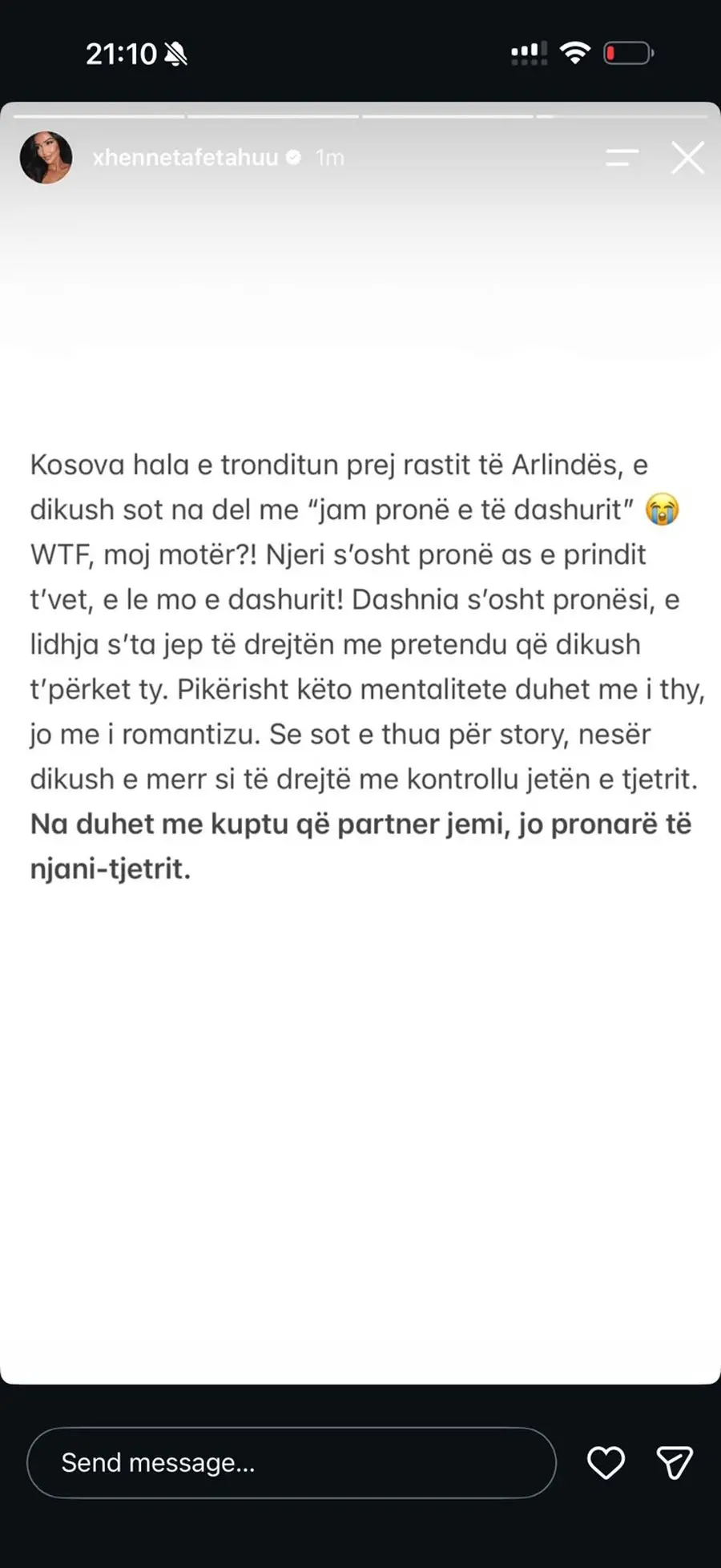 Xheneta Fetahu kundër Brikenës: Dashuria nuk është pronësi, sidomos në kohë tragjedie